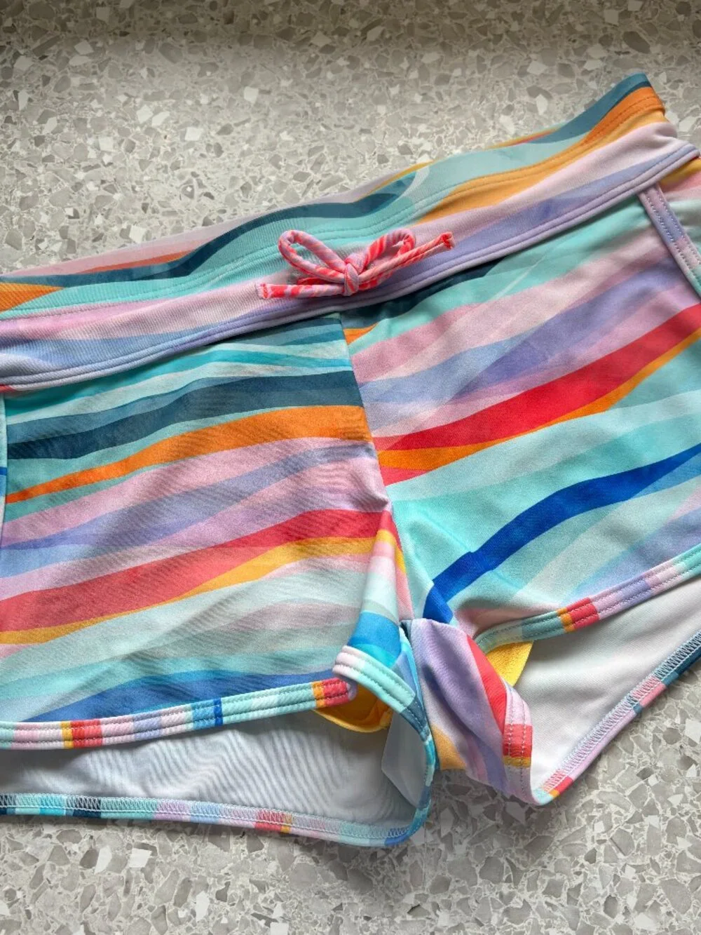 Athleta Girl Cannonball Swim Shorts Rainbow Stripe L 12 Board Shorts UPF